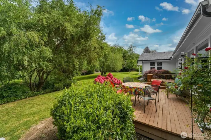 Large backyard deck facing yard & creek