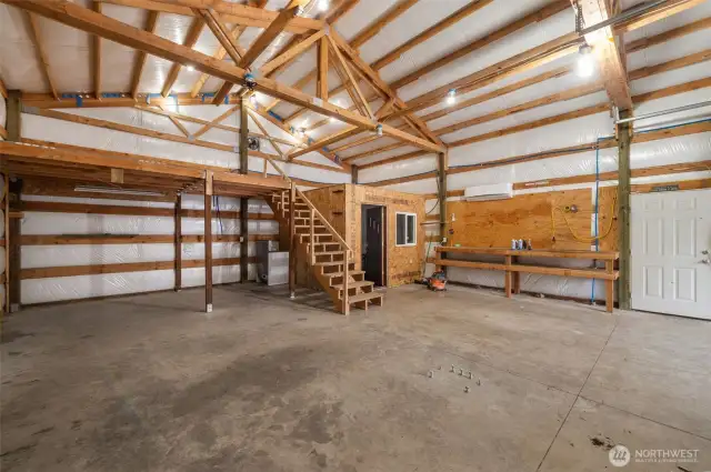 Huge heated garage with office, and loft.