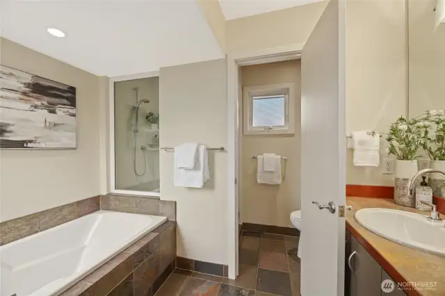 The primary bath features a separate soaking tub in addition to the large shower.