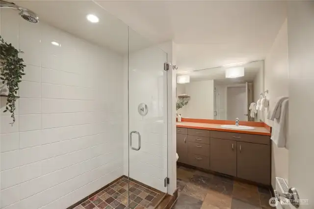 The lower-level 3/4 bathroom with double sinks and large shower.