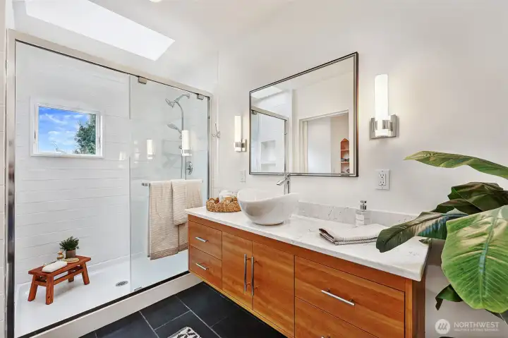 Master bathroom has large shower