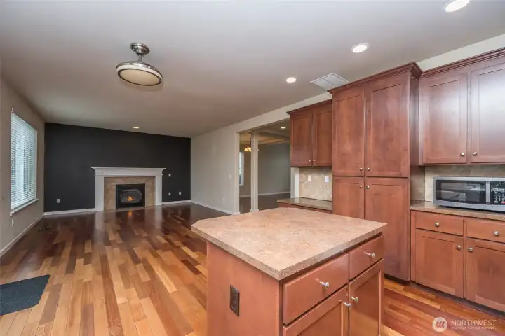 View of kitchen to great room without staging
