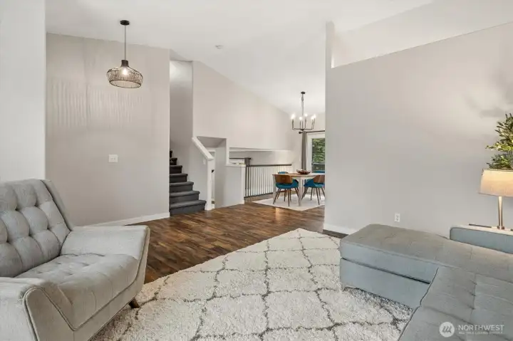 Vaulted ceilings, engineered hardwood flooring