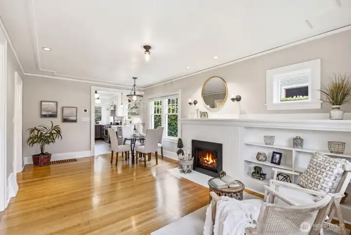 Gas fireplace insert and built-in shelving.