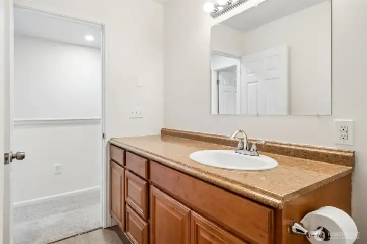 The 3/4 bath in the studio offers convenience and functionality to the space.