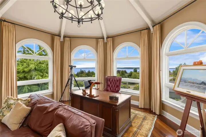 Looking out over Port Townsend, Puget Sound and Mt Rainier. What a place to work!