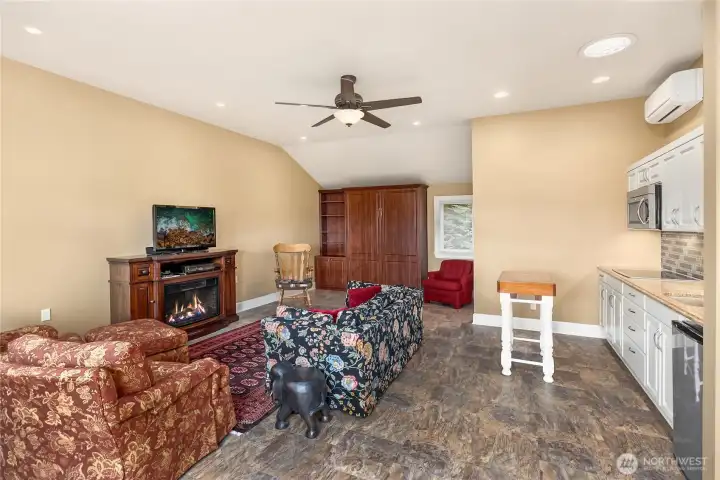 The main floor of the guest house. There is living space and a Murphy bed.