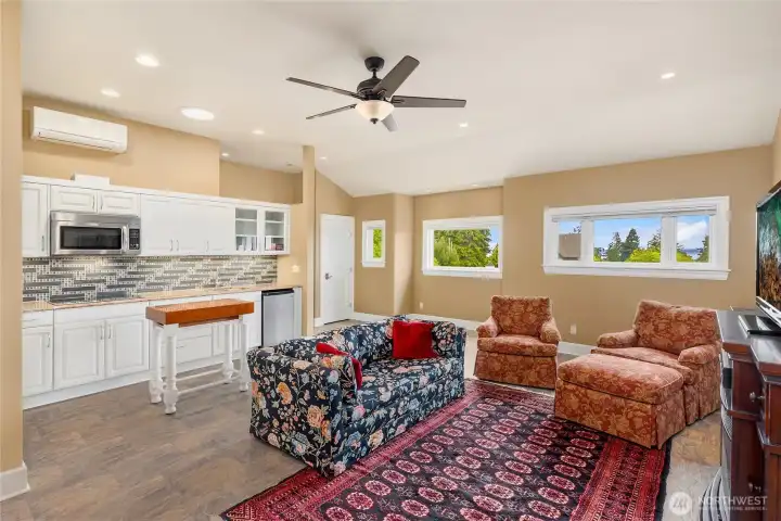 The living space and kitchenette of the guest house.