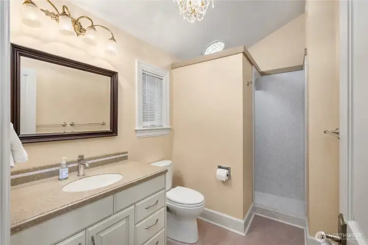 The 3/4 bath on the main floor of the guest house.