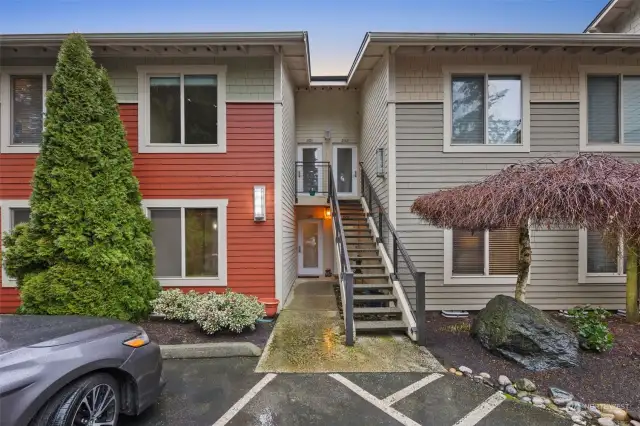 Condo entrance, no steps, red unit.