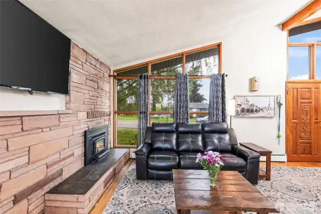 Living room with brick hearth and woodstove