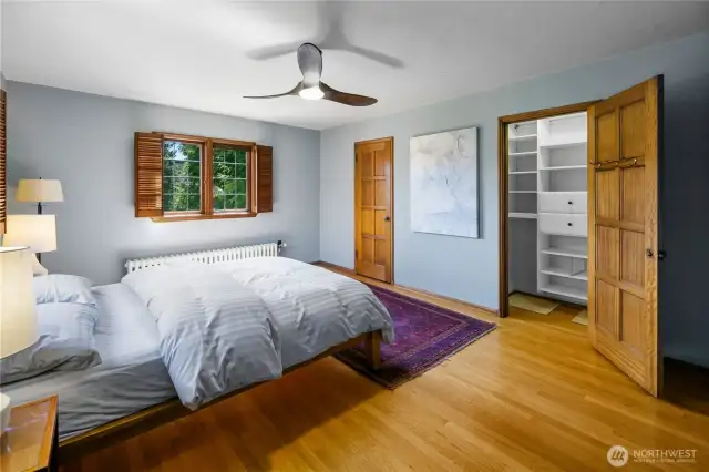 Two closets in larger of the two bedrooms. Ceiling fan (direct drive) with remote.