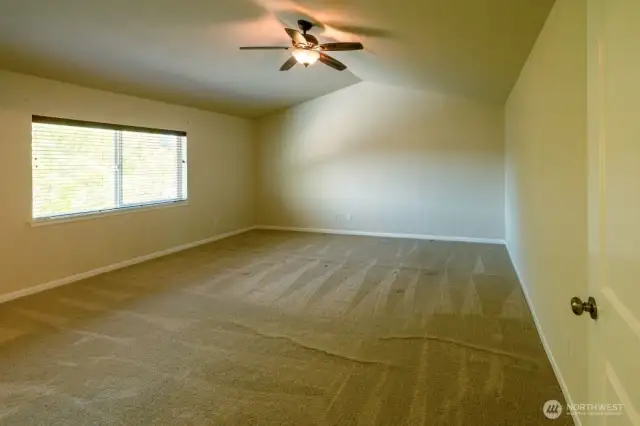 Spacious primary bedroom overlooks the backyard and features a view of the mountain!