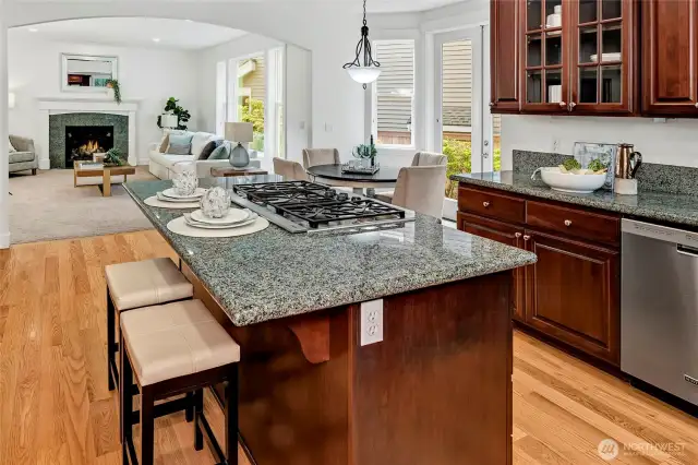 The kitchen opens seamlessly to the inviting family room with a wide archway, creating the perfect flow for gatherings and everyday living.