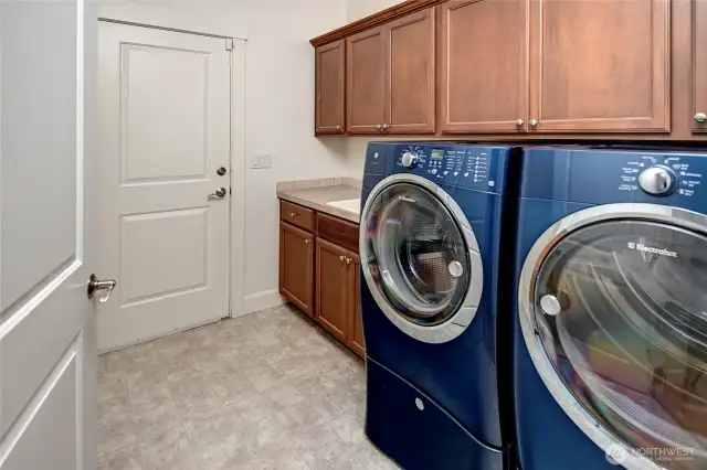 The main floor utility room features a sleek Electrolux front-loading washer and dryer set in a bold blue finish. Ample cabinetry above provides generous storage space, while a built-in utility sink and additional countertop make laundry tasks easier. Conveniently located with exterior access, it’s the perfect drop zone for daily chores or muddy shoes.