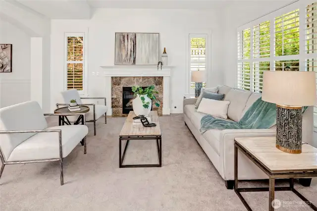 The formal living room exudes warmth and sophistication with its marble-surround gas fireplace and crisp white trim.