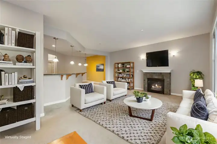 Living Room w/Gas Fireplace virtually staged