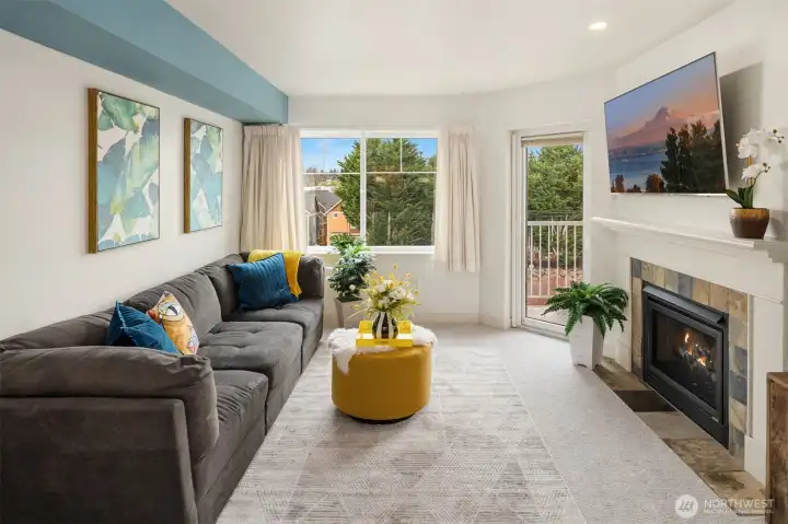 Unit - Living Room, Gas Fireplace and Glass Light Door to Balcony