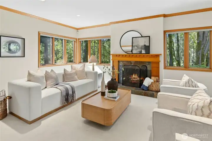 Gas start wood fireplace.