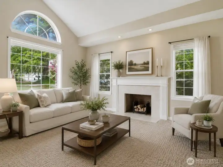 Formal sitting area in the front of the home, tons of natural light and wood burning fireplace