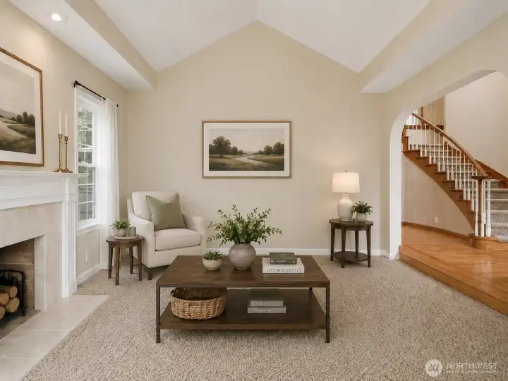 Formal sitting with wood burning fireplace