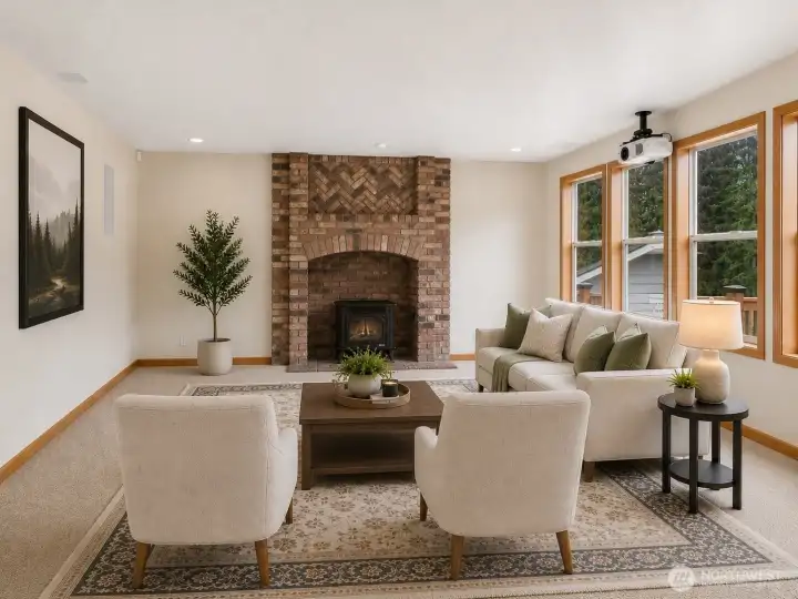 Family room with wood burning fireplace