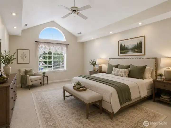 Primary bedroom with cathedral ceilings