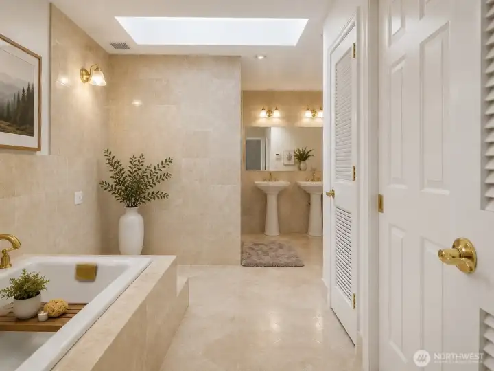 Primary bathroom with soaking tub and walk in closet