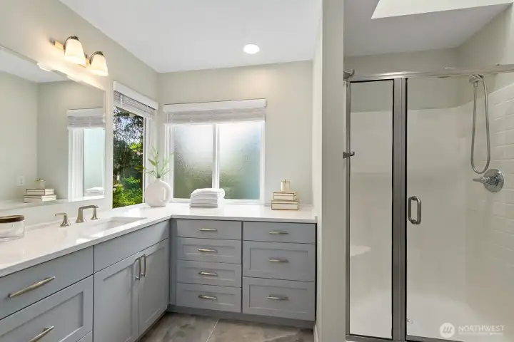 Shower under a skylight & remain warm with a heated towel rack. Shower under a skylight & remain warm with a heated towel rack.