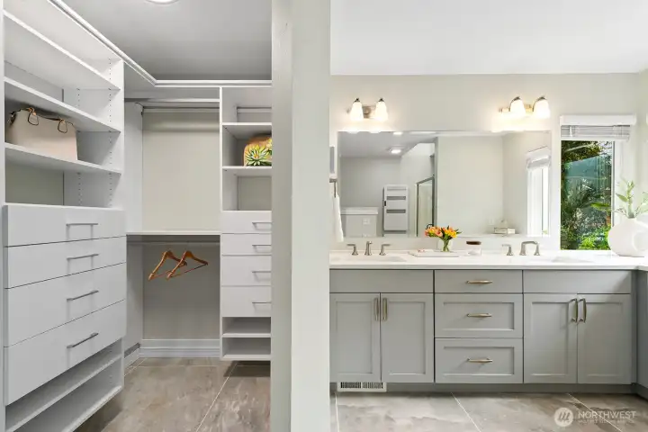 Walk-closet remodeled with custom California Closet built-ins & heated floors throughout. Walk-closet remodeled with custom California Closet built-ins & heated floors throughout.