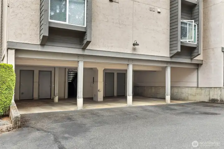 Your assigned, covered parking space (second from the right) sits just at the bottom of your stairs, with your secure exterior storage space.