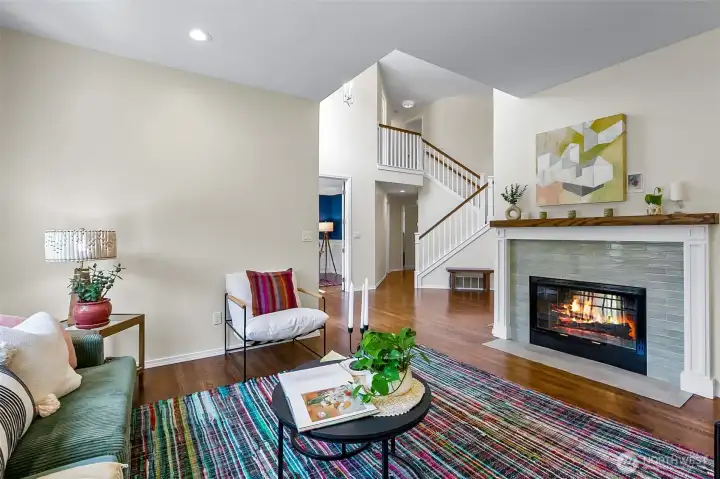 Wood burning fireplace with tile surround