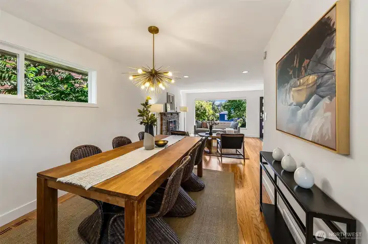 Dining room allows for a large table and is surrounded by open space and big windows. Dining room allows for a large table and is surrounded by open space and big windows.