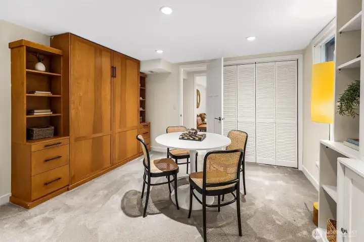 Murphy bed in the lower level, and built-in shelves and drawers. Murphy bed in the lower level, and built-in shelves and drawers.