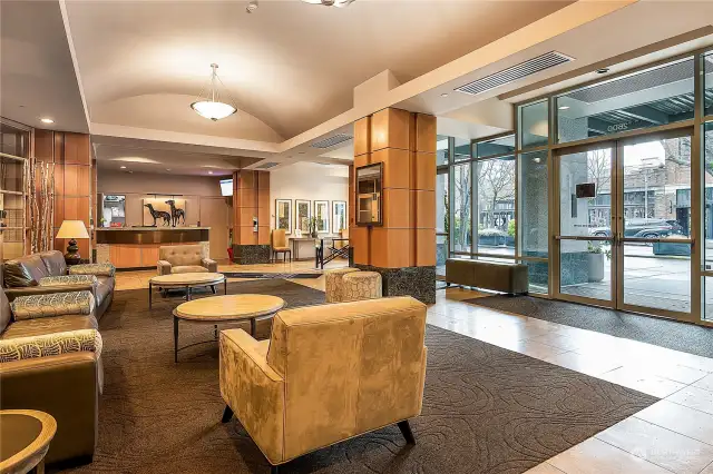 Spacious and lovely entrance to Seattle Heights, with 24-hr concierge for safe & secure package & food delivery and anything else you need and on-site manager too!