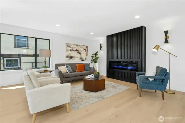 The stylized electric fireplace is the perfect focal point...