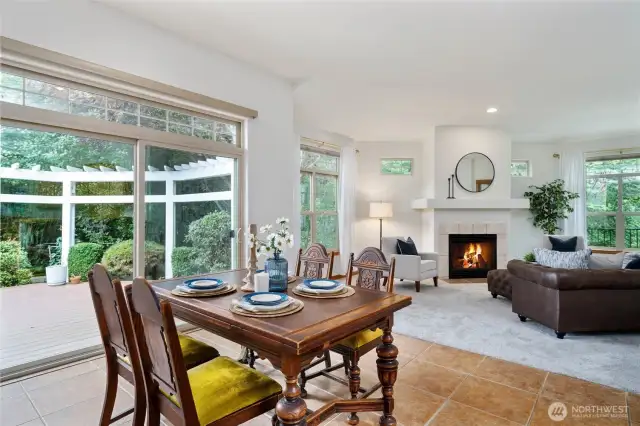 Large dining space just off the kitchen fits an oversized dining table.