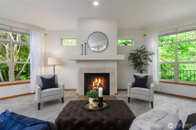 The living room feels like you are in a tree house with all of the green foliage outside the windows!