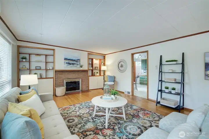 Spacious living room with hardwood floors