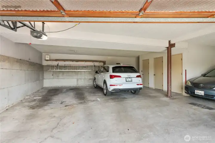 1 assigned parking spot in garage along with another separate storage space for the things you don't need that often