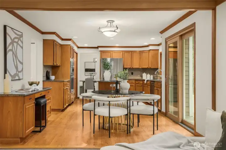 A built-in kitchen desk nook makes working from home or tackling homework easy