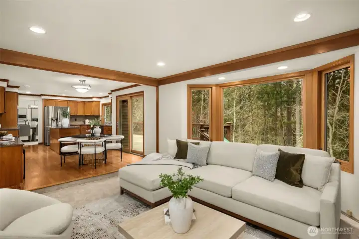 Kitchen overlooks family room for open-concept living