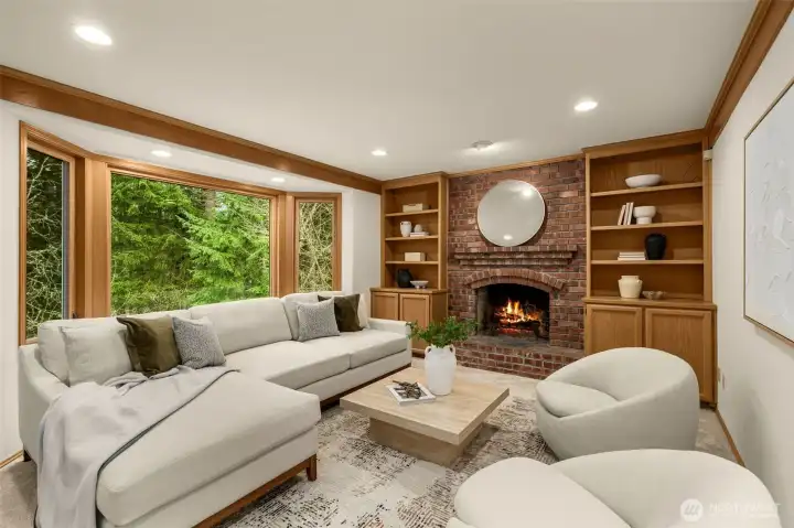Family room with fireplace and built-ins