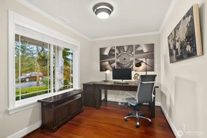 Dedicated office space with beautiful views of moutains, pond and park