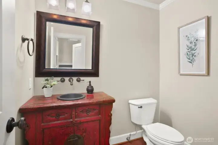 Curated vanity contributes to the home's "custom" feel