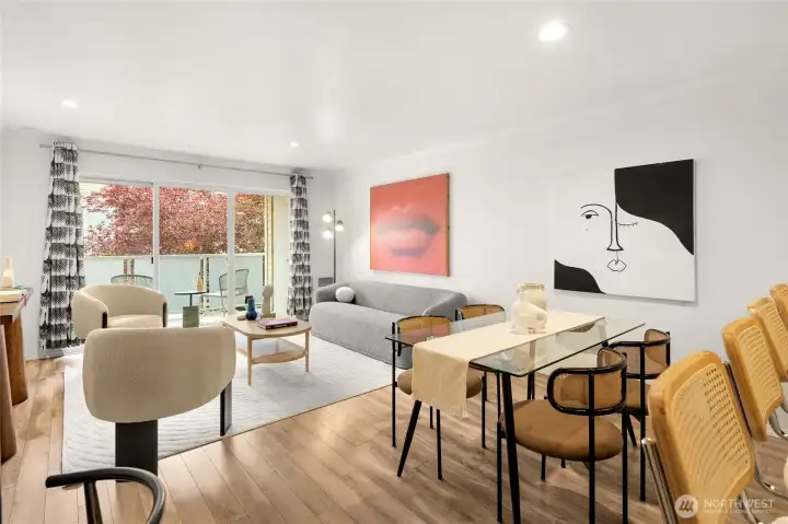 Flexible living space layout to accommodate several layouts.