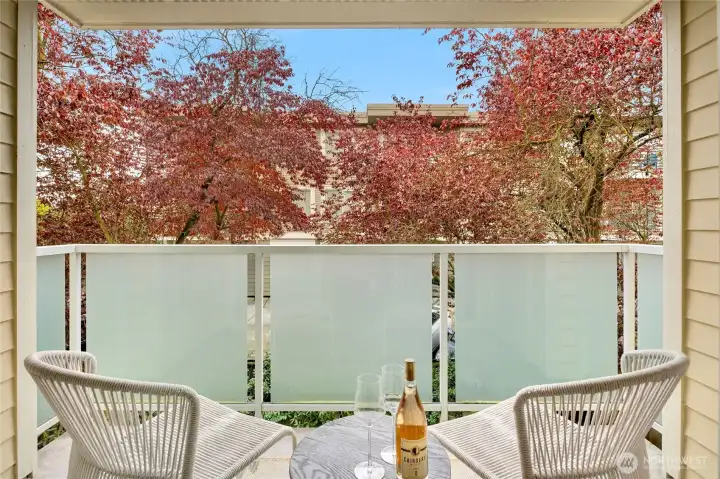 Private balcony overlooking the green space on the rear of the building