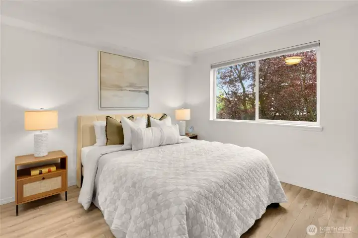 Large primary bedroom, large enough for a king sized bed.