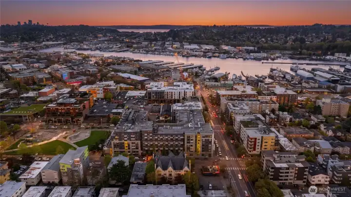 Ballard at sunset, enjoy the nightlife of the neighborhood steps from the front door.
