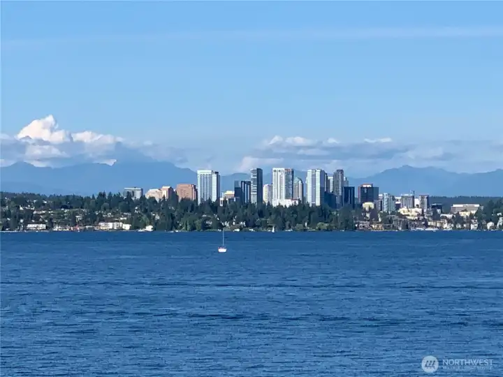 The views of Downtown Bellevue, lake and mountains are glorious, especially at sunset! This is the view from the fantastic roof top deck.